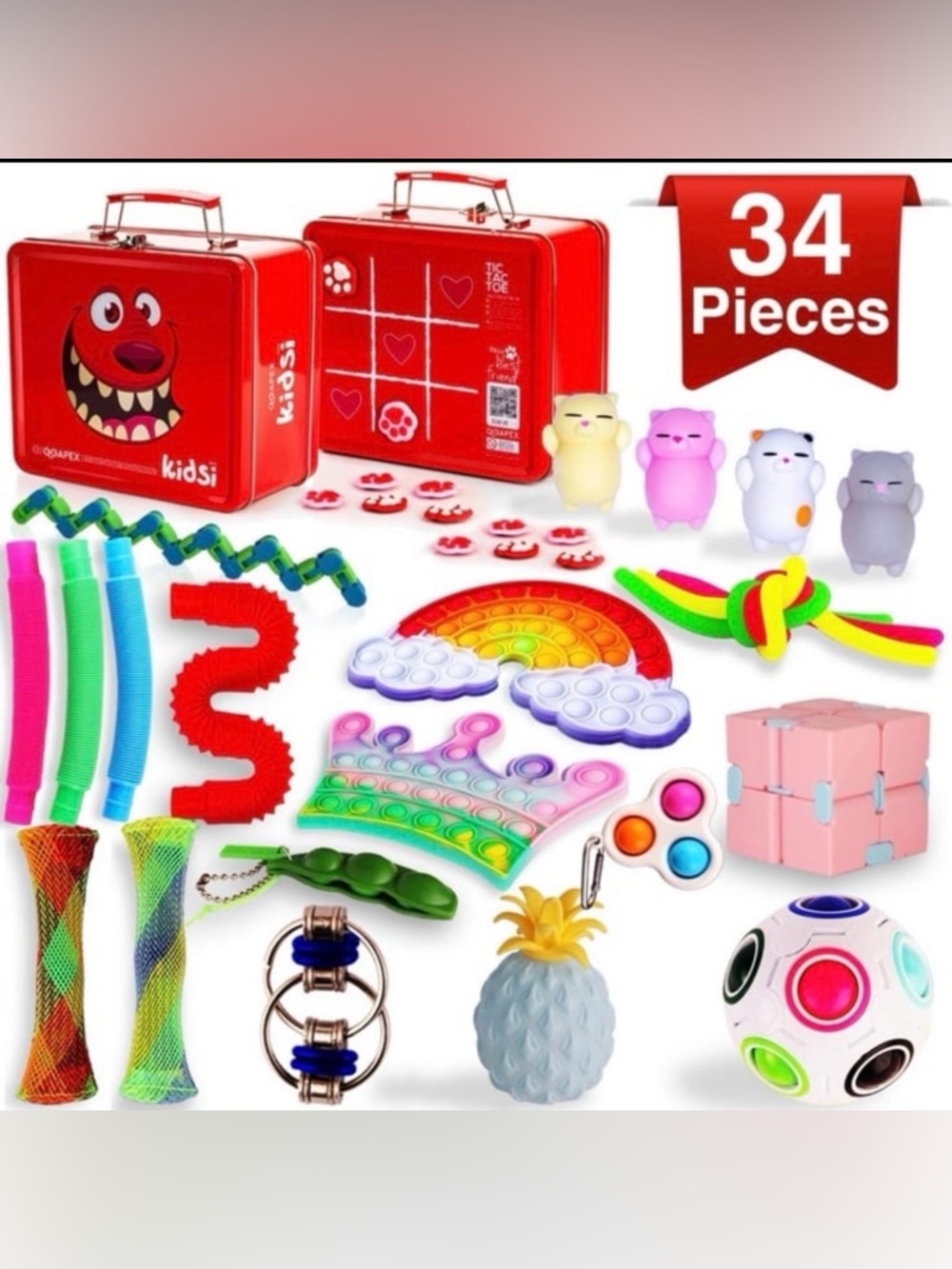 Fidget Sensory Squishy Toy Pack - 34 pcs in a Tin Box